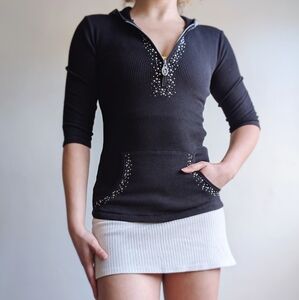 Vintage Y2K Glam Rock Waffle Knit Studded Rhinstone Hooded Sweatshirt